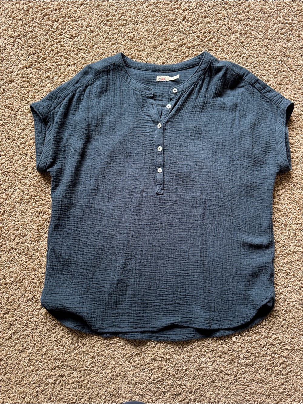 Faherty Navy Short-Sleeve Button-Front Gauze Top